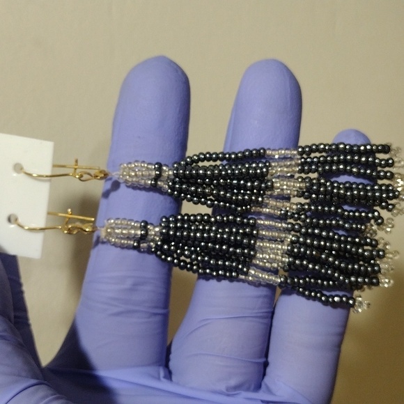 Monochrome Beaded Tassel Earrings, Handcrafted Black & White Seed Bead Fringe #1 - Picture 3 of 7